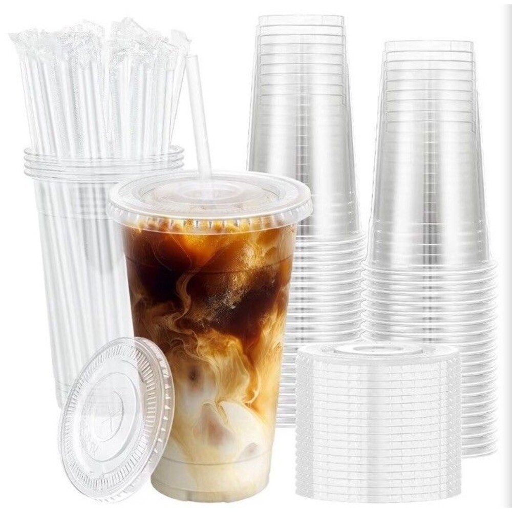 100 Pack 20 Oz Clear Plastic Cups with Lids and Straws, Leak-Proof Disposable